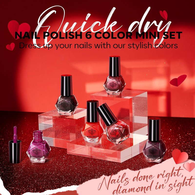 modelones Nail Polish Set 6 Colors, Dark Red Valentines Cat Eye Burgundy Glitter Quick Dry Mini Nail Lacquer Kit Magnetic Maroon Purple Cherry DIY Home Nail Art Manicure Gifts for Women Girls