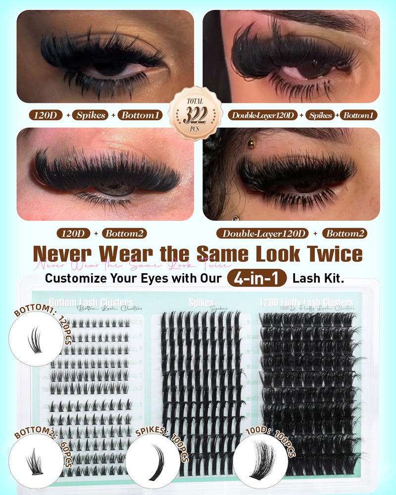 Lash Clusters with Spikes Wispy Eyelash Clusters with 2 Styles Bottom Lashes 120D Fluffy Clusters Lashes 322PCS Fairy Cluster Eyelash Extensions DIY Manga Individual Lashes by Boahankuke