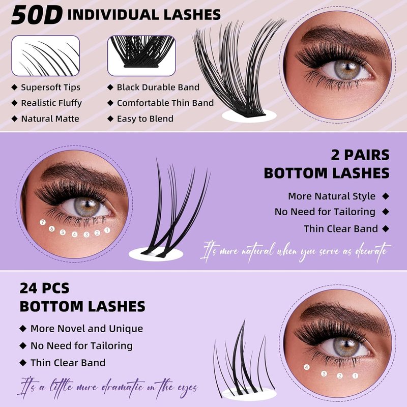 Eyelash Extension Kit - 50D D Curl Lash Clusters with Bottom Lashes | DIY 10-18mm Applicator Set
