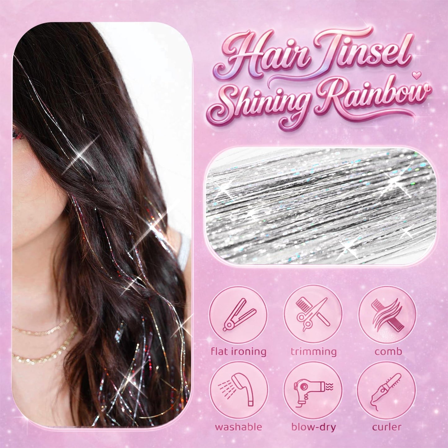 Sliver Hair Tinsel, 8 Pcs Fairy Hair Tinsel Kit for Girls Women 48 Inch 3200 Strands with Tools Hair Accessories Glitter Tinsel Hair Extensions for Party Festival Christmas (Sliver)