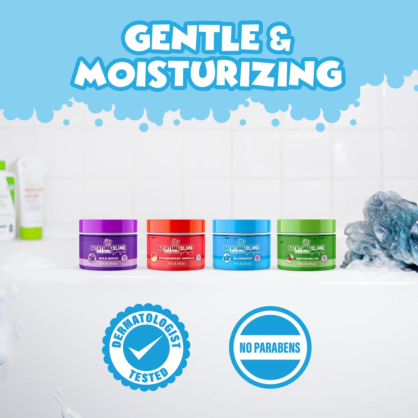 Tub Works® Bath Slime Kids Body Wash, Variety 4 Pack | Gooey, Playful Texture with Fresh, Fruity Scents | Dermatologist Tested | Sensory Fun Bath Toys for Toddlers & Kids | Colorful Slime Kids Soap