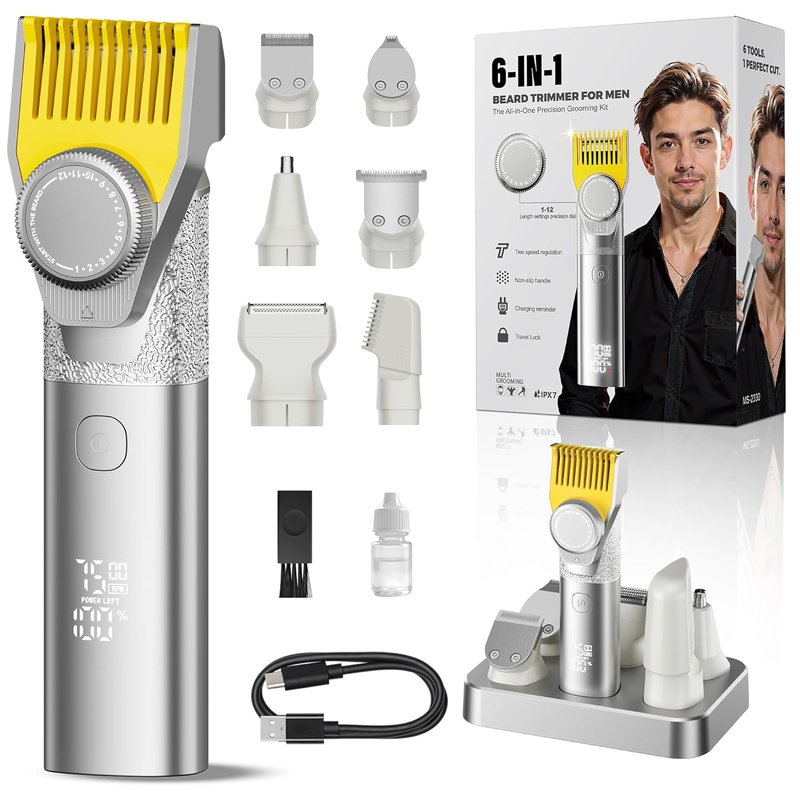 Beard Trimmer for Men - Waterproof IPX7, 2-Speed Settings, Adjustable Comb | 6-in-1 Grooming Kit - Deep Silver
