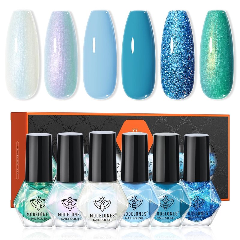 modelones Blue Nail Polish Set, 6 Colors Spring Summer White Green Glitter Pearl Mermaid Quick Dry Mini Starter Kit, Long Lasting Art DIY Manicure Set at Home for Women Girls