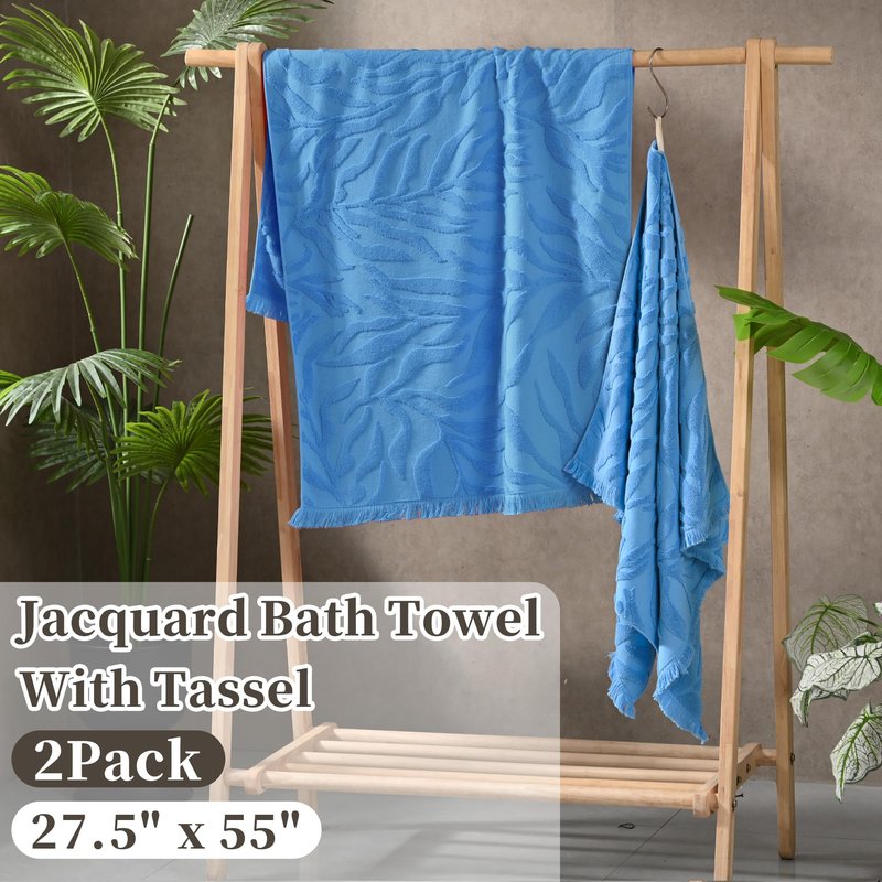 Premium Jacquard Monstera Bath Towel Set - 2-Pack (27.5x55 Inch) 100% Cotton , Quick-Drying & Absorbent Spa-Grade Towels with Luxe Tassel Trim | Hotel-Style Bathroom Linens in Emerald Green