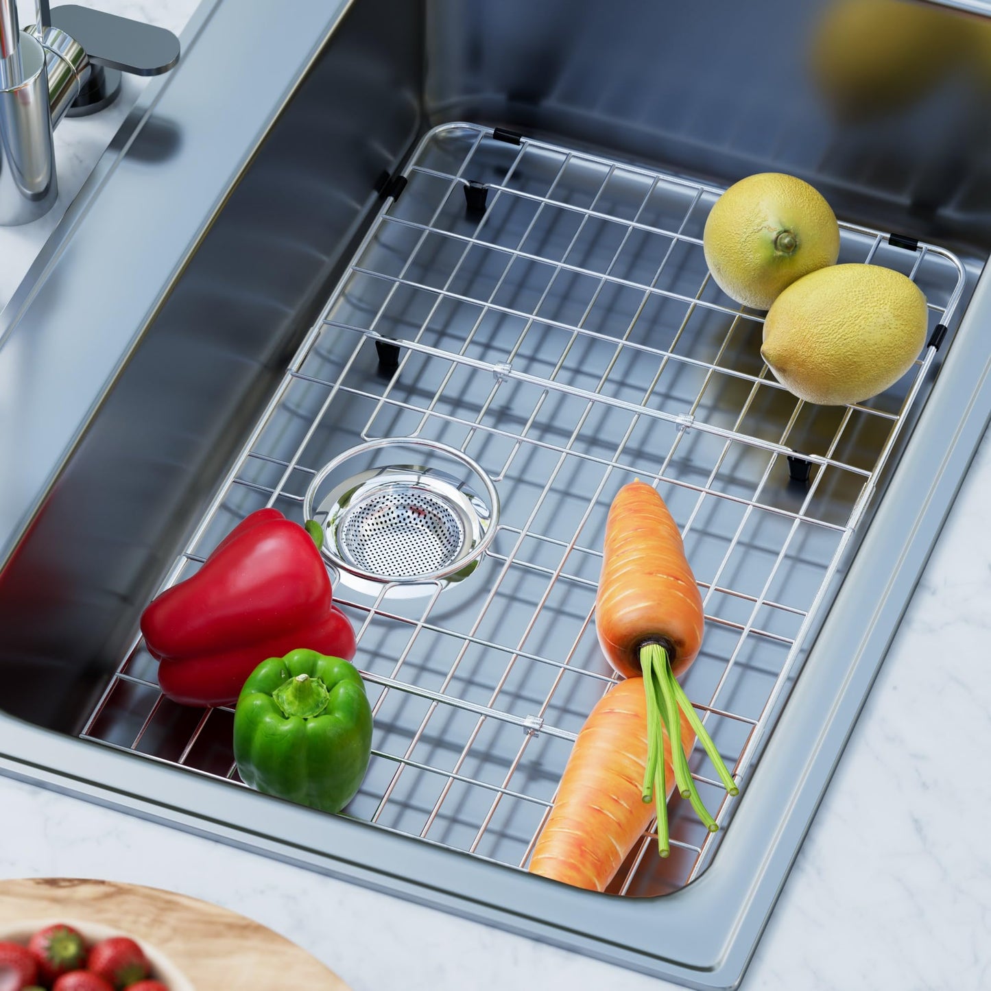 iPEGTOP Sink Rack for Bottom of Sink, Stainless Steel Sink Protector 28-3/4" x 15-3/4" with Rear Drain, Sink Grid Grate with Hole Cover for Kitchen Sink Single Bowl, One-Piece
