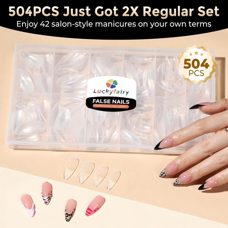 Medium Stiletto Nail Tips: 504pcs Full Cover Soft Gel Nail Tips, 12 Sizes Pre-Etched Half Matte Clear Stiletto Press on Nails No C Curve For Nail Extensions Home Salon