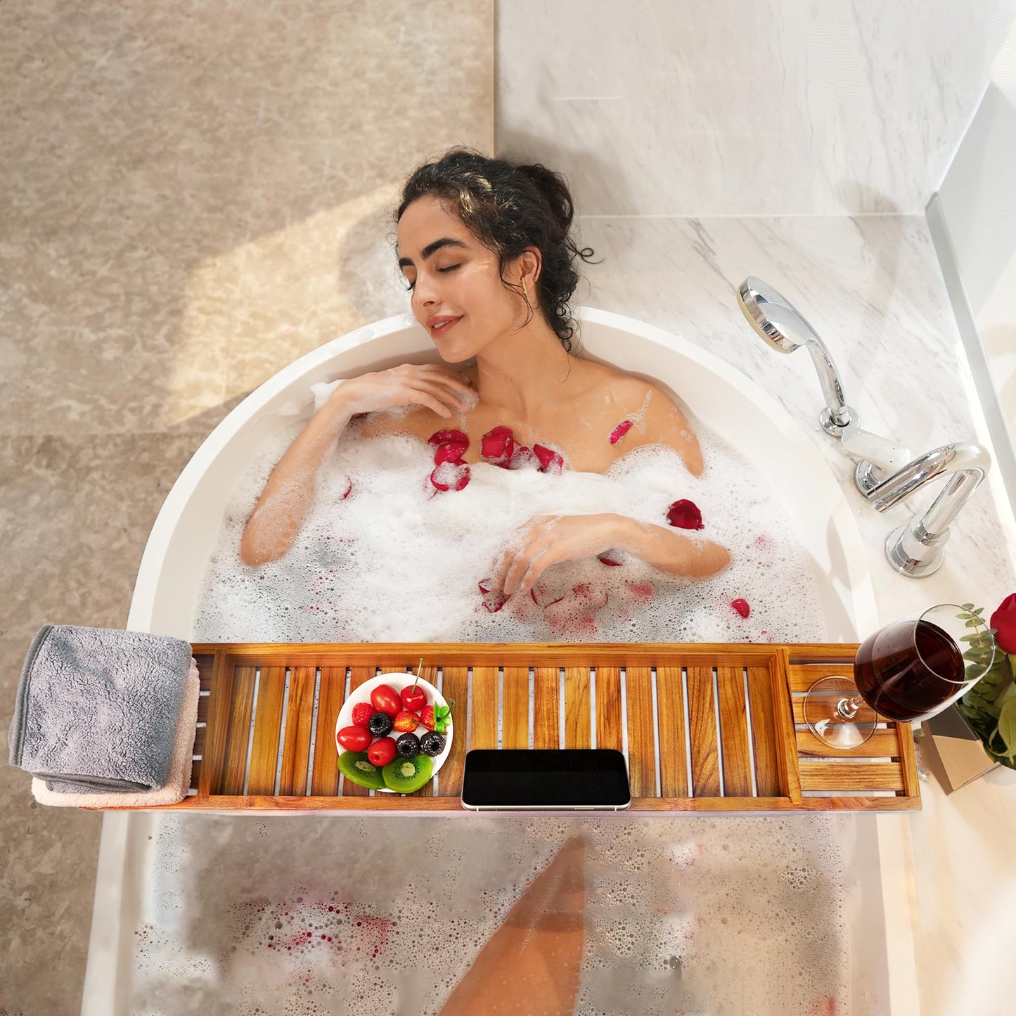 VaeFae Teak Bathtub Tray, Wooden Bath Caddy for Bathtub, Bath Tub Wood Table for Tub