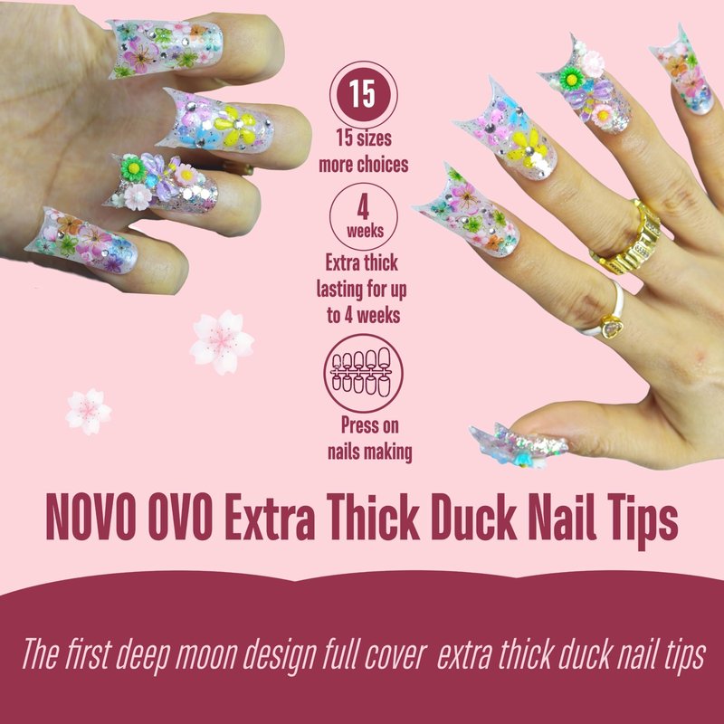 NOVO OVO Halloween Extra Thick Duck Feet Nail Tips Full Cover for Press on Acrylic with Moon Curve, Medim Long Clear Pre-Etched Matte Flare Wide French Soft Gel False Nail Extension x 15 Sizes 150 pcs