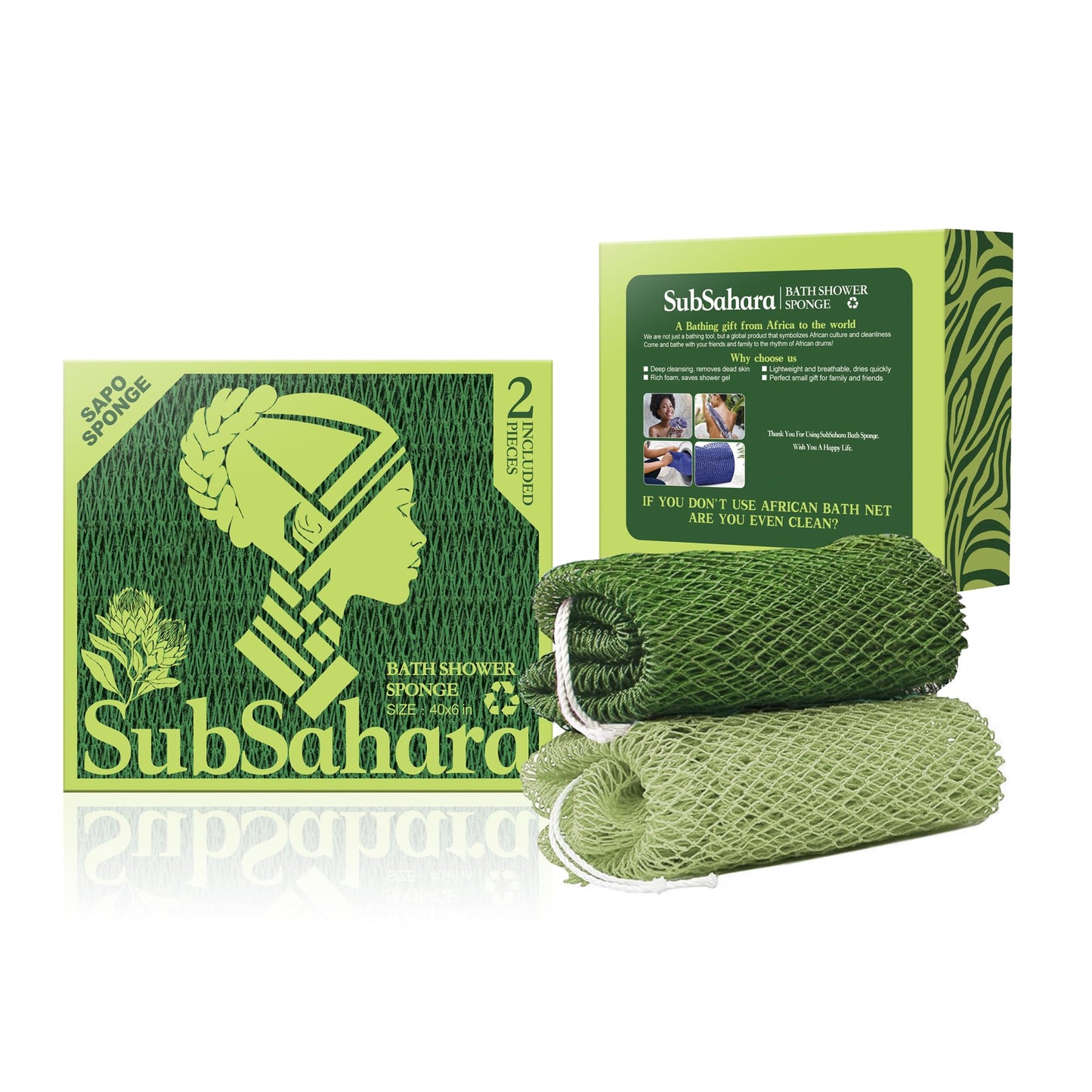 SubSahara Authentic African Net Sponge - 2 Pack Exfoliating Bath & Shower Loofah Sponge for Body & Face, Gentle Scrubber for All Skin Types, Travel, Durable Polyester (Olive Green & Light Green)