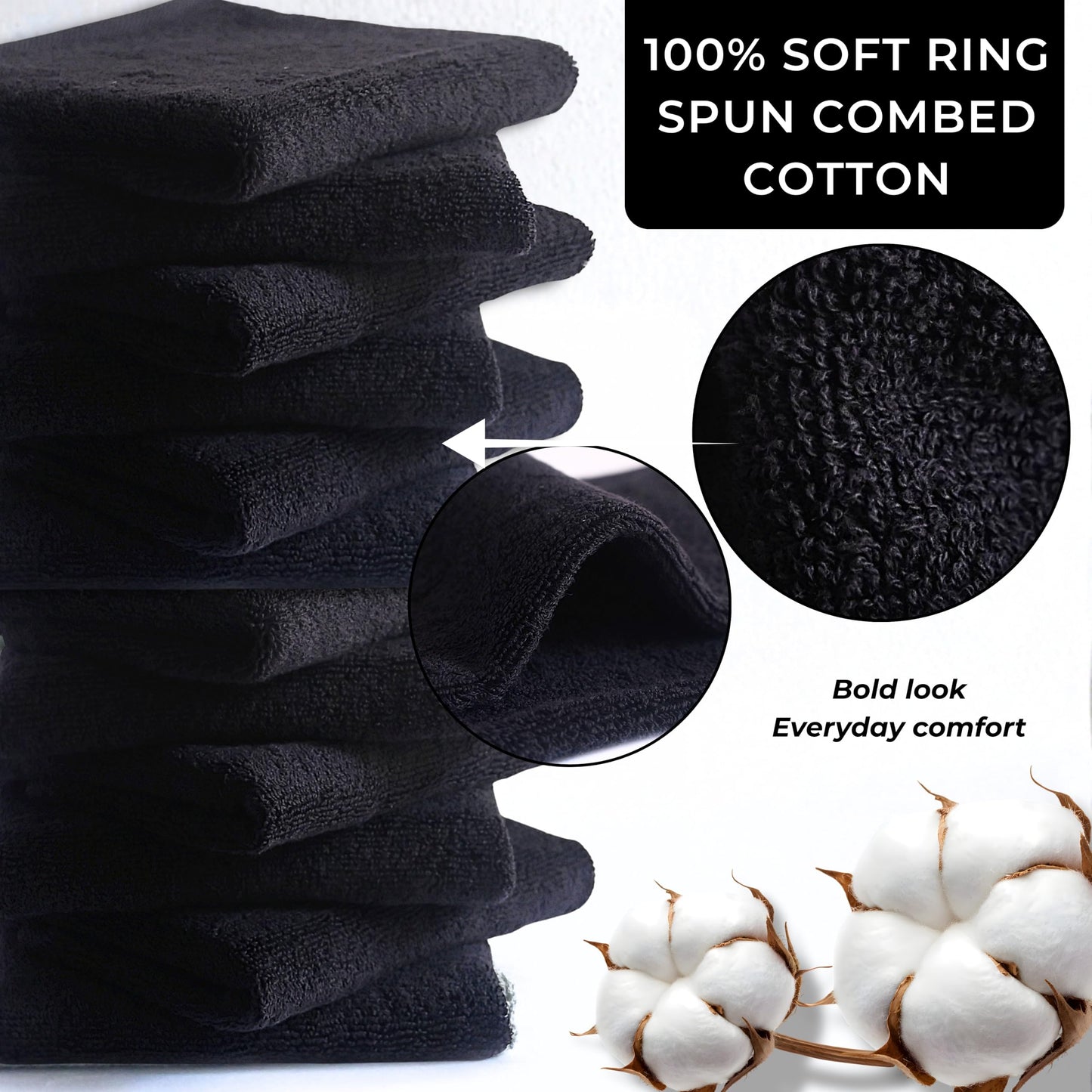 LIVINATI Thick Black 100% Cotton Wash Cloths for Showering Body and Face - 12"X12" 12 Pack Washcloths - Small Terry Towel Bath Rags for Adults and Kids Bathroom - Soft Absorbent