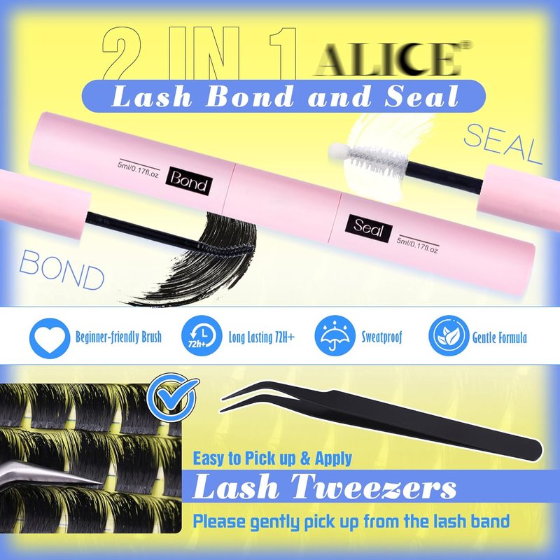 ALICE Wispy Lash Clusters Kit - Thick Volume D-Curl 200D Individual Lashes with Glue for Home Application