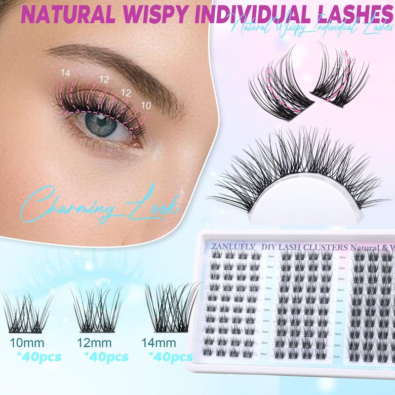 Lash Clusters Natural Eyelash Clusters D-Curly Cluster Lashes zanlufly Wispy Individual Lashes Cluster Eyelash Extension 10 12 14MM DIY Lash Extension