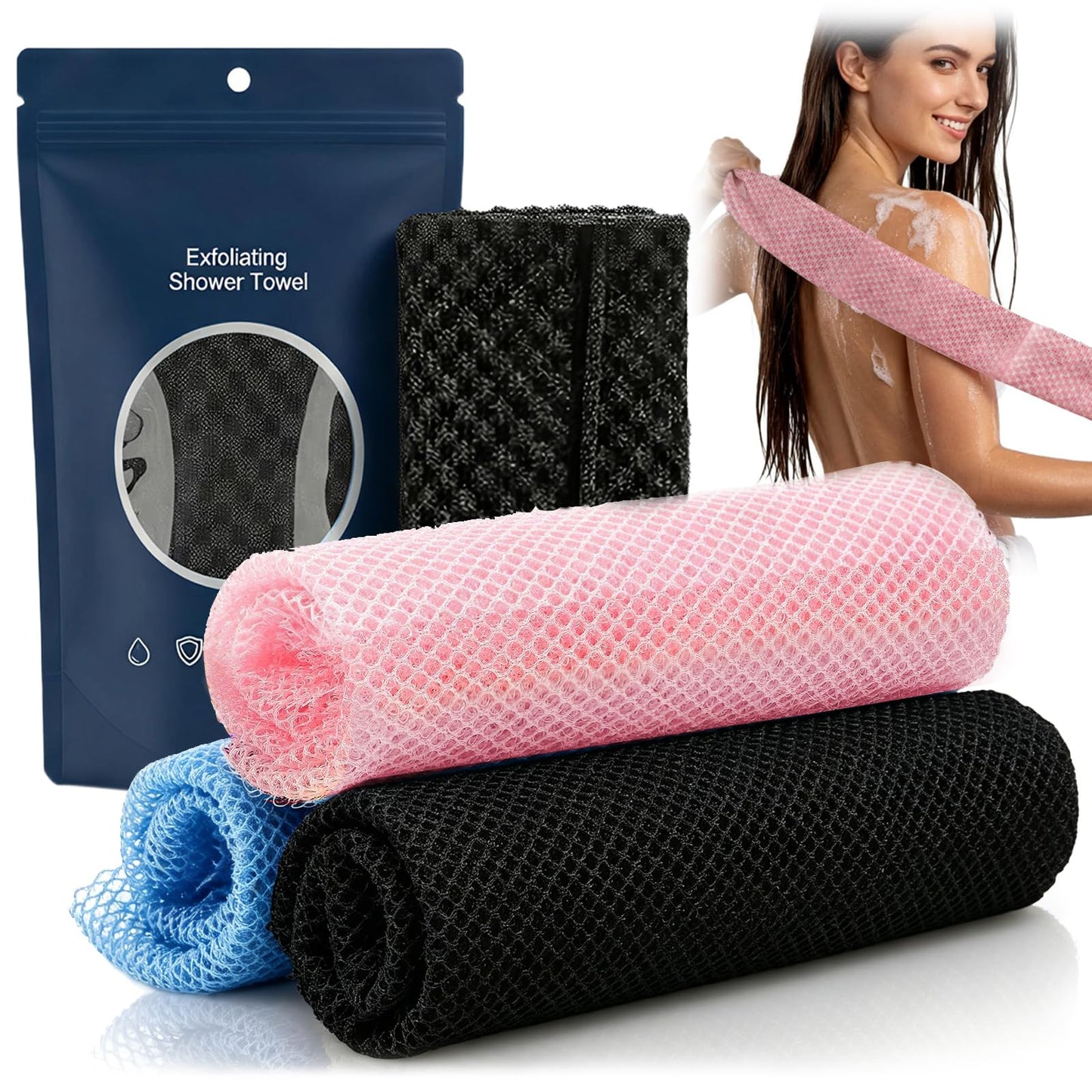VHOUHOU 3 PCS Deep Exfoliating Shower Towels for Men & Women, Durable Exfoliating Towel, Premium Scrub Wash Cloth for Body Face, Comfortable Touch (Black, Blue, Pink)