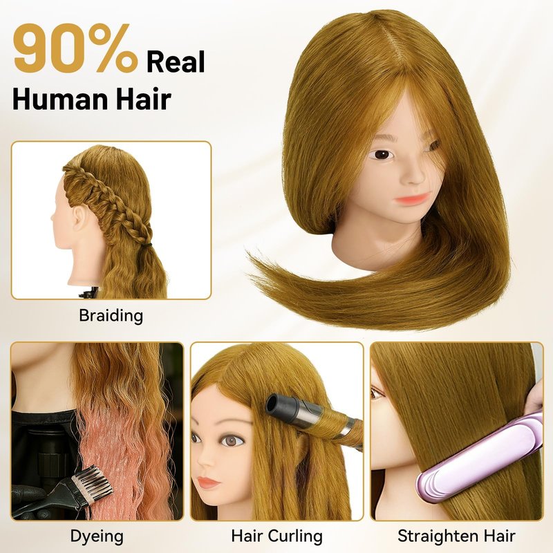 23" Mannequin Head with 90% Real Human Hair for Makeup Practice, Hairdressing Training, Braiding, and Styling with Adjustable Tripod Stand