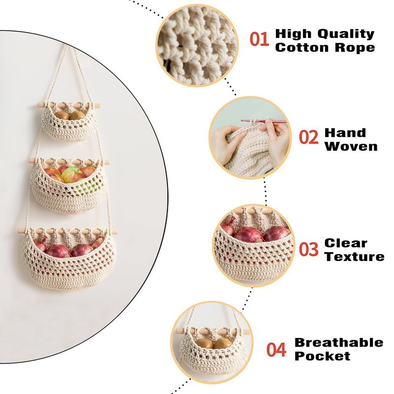 AARAINBOW Wall Cotton Hanging Baskets, Large 3 Tier Decorative Wall Basket, for Nursery, Boho Kitchen Decor - Cotton Rope Fruit basket (White)