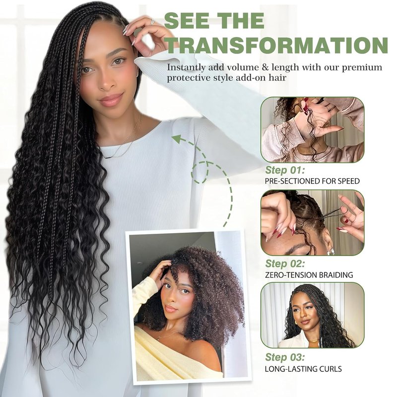 Human Braiding Hair - 14 Inch 12A Deep Wave Boho Hair for Braiding | 3 Bundles, Natural Black, Curly Ends, 110g