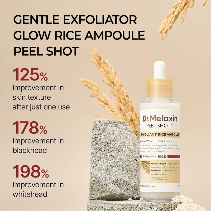 Dr. Melaxin Glow White Rice Peeling Ampoule - Brightening Exfoliating Serum with AHA/BHA, Niacinamide & Hyaluronic Acid | 2.71 fl. oz