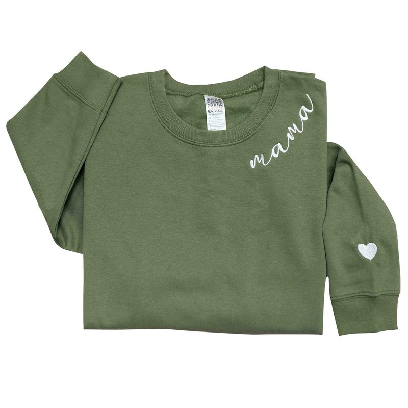 Nani - Mama Mom Mommy Embroidered Crewneck Sweatshirt Heart On Sleeve for Women - Gifts For New Mom Mama Birthday Christmas Mothers Day Valentine Embroidery Pullover Sweater Shirt Military Green