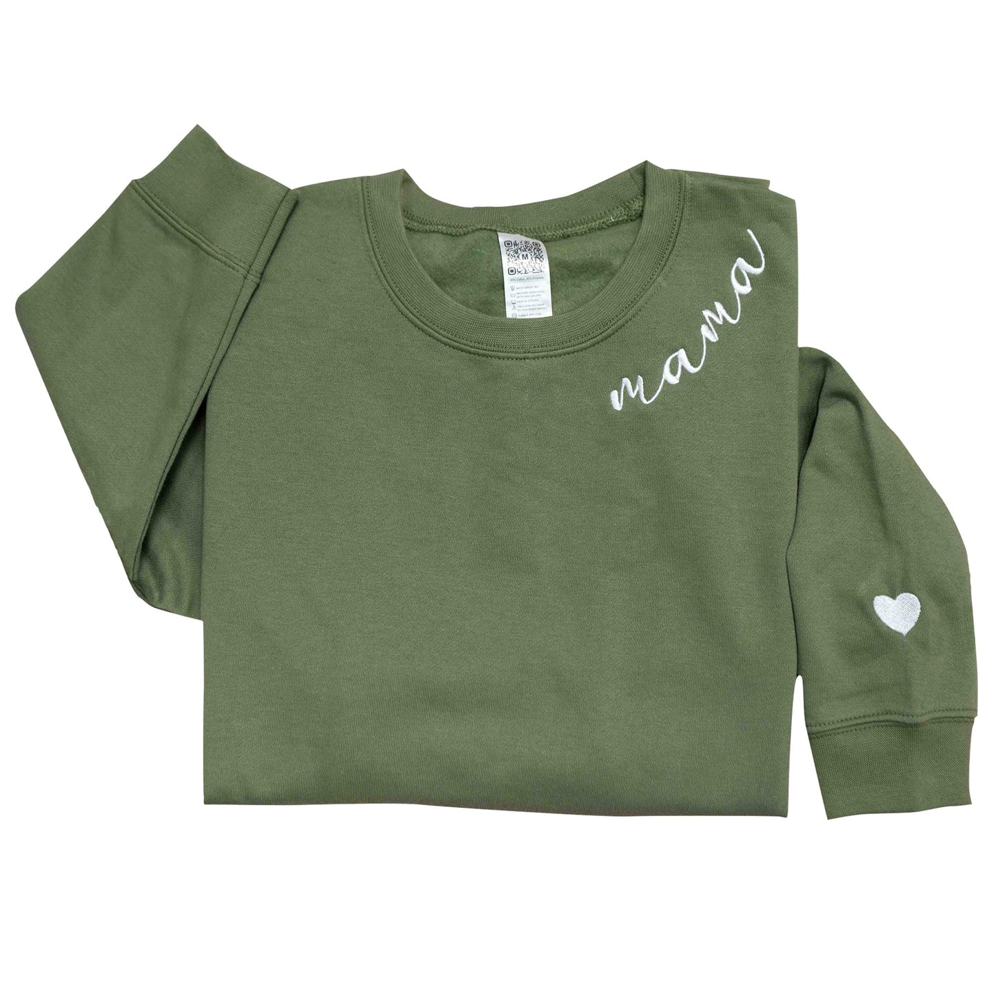 Nani - Mama Mom Mommy Embroidered Crewneck Sweatshirt Heart On Sleeve for Women - Gifts For New Mom Mama Birthday Christmas Mothers Day Valentine Embroidery Pullover Sweater Shirt Military Green