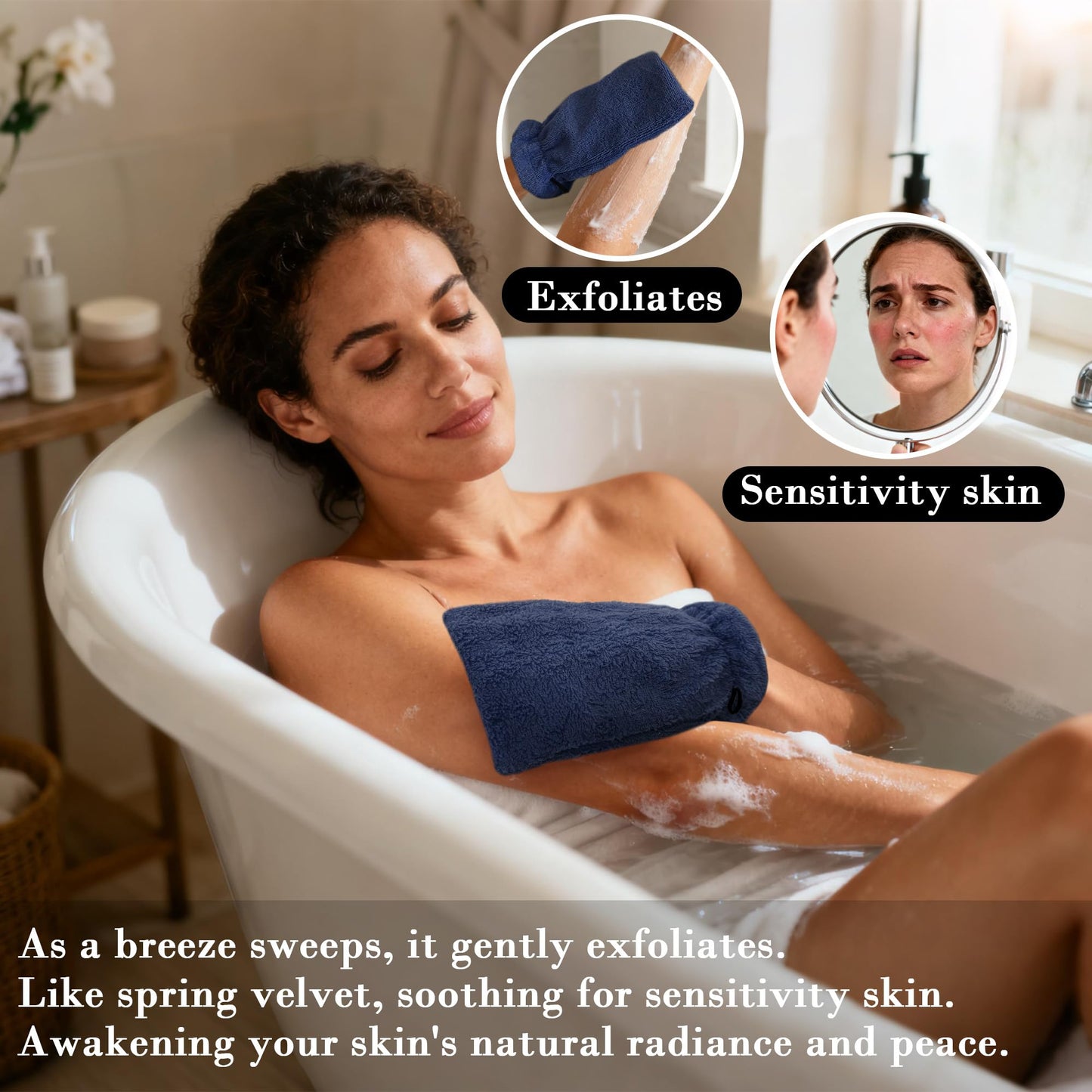 VOOVA & MOVAS 6-Pack Bath Mitts for Shower, 100% Cotton Soft Absorbent Wash Cloths with Hanging Loop, 8.3x6.3 Inch European Style Bathing Gloves for Body & Spa, Navy