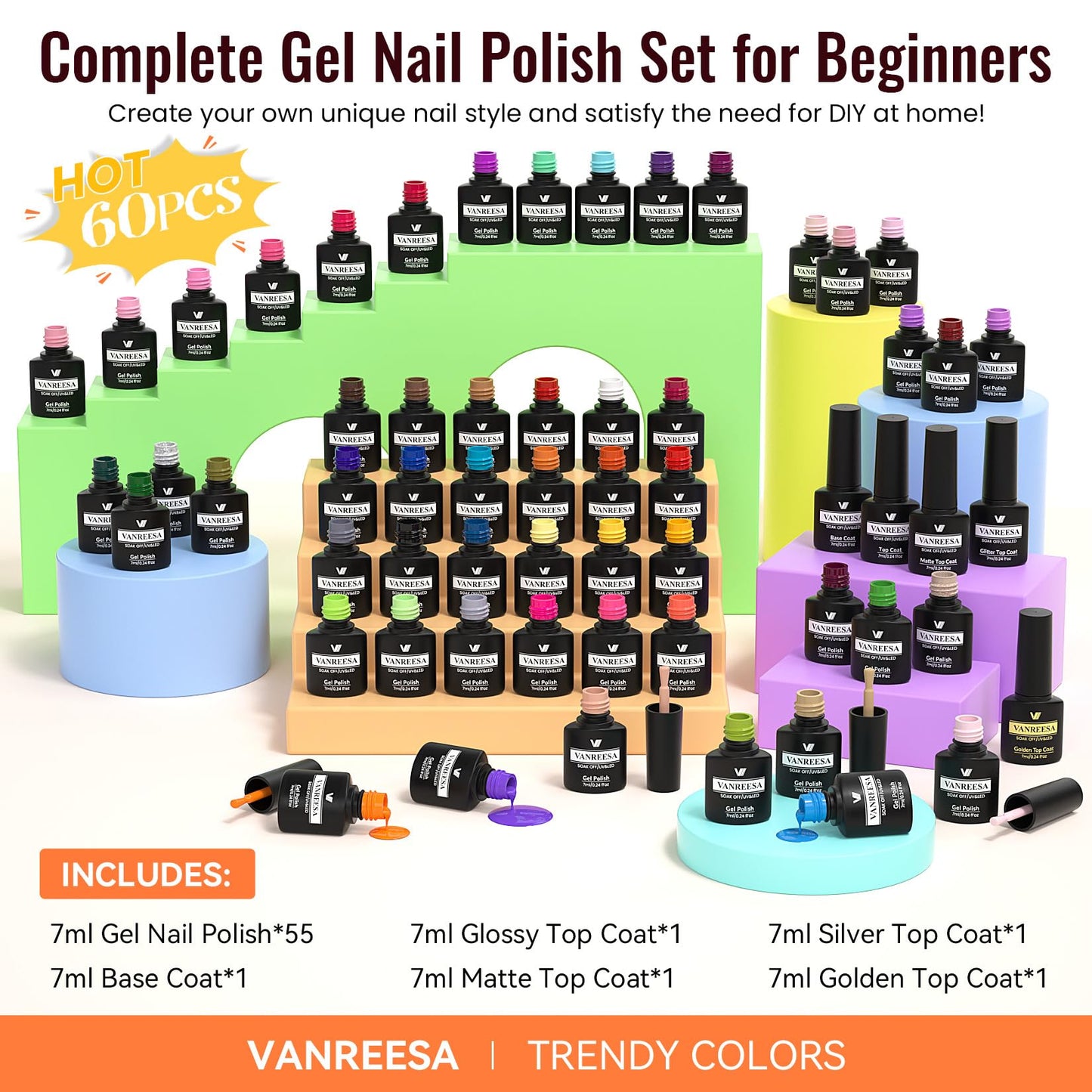 VANREESA 60 Pcs Gel Nail Polish Set, 55 Colors Gel Polish with Base Coat & 4 Effects Top Coat Full-Color Nail Polish Set All Seasons Nail Kit Gifts for Women Girls Nail Salon at Home