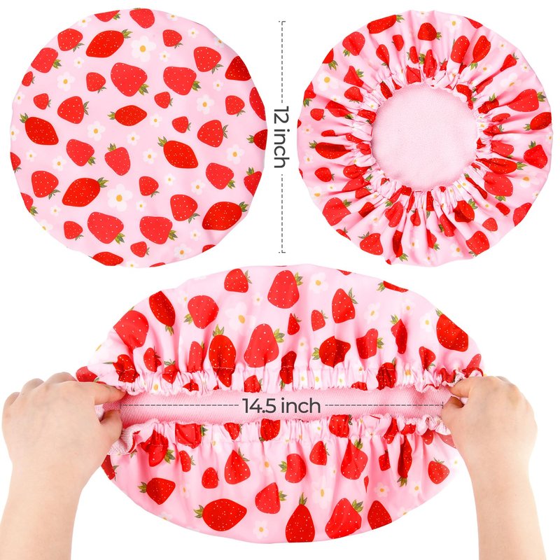 Shower Cap for Women Terry Lined Bath Cap Large Reusable Waterproof Elastic Band Pink Strawberry Shower Caps for Long Thick Hair Soft Bath Shower Hair Caps