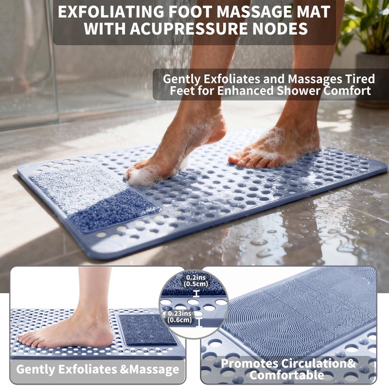 Merleu Bath Tub Shower Mat with Soft Shower Foot Scrubber Mat for Massage,Non Slip Bathtub Mat with Strong Suction Cups, Silicone Shower Foot Scrubber Mat (Dusty Blue, 31.5" X 19.7"(Rectangular))