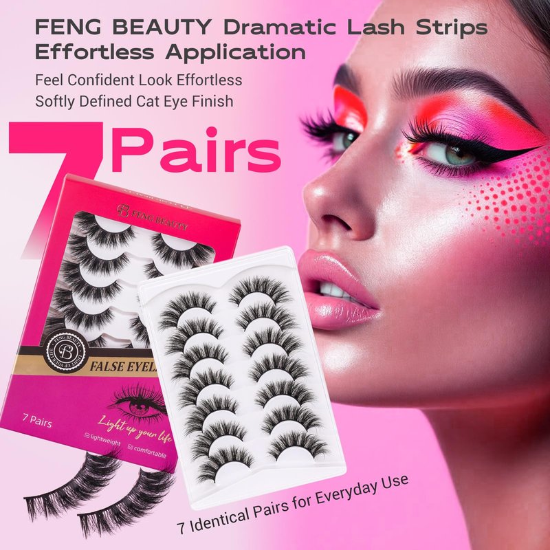 Dramatic Cat Eye Lashes - Fluffy Volume False Eyelashes with Lightweight Comfort, Easy Apply Winged Style (8-16mm), Reusable Glam Lashes for All Eye Shapes, 7 Pairs Full-Strip Lashes