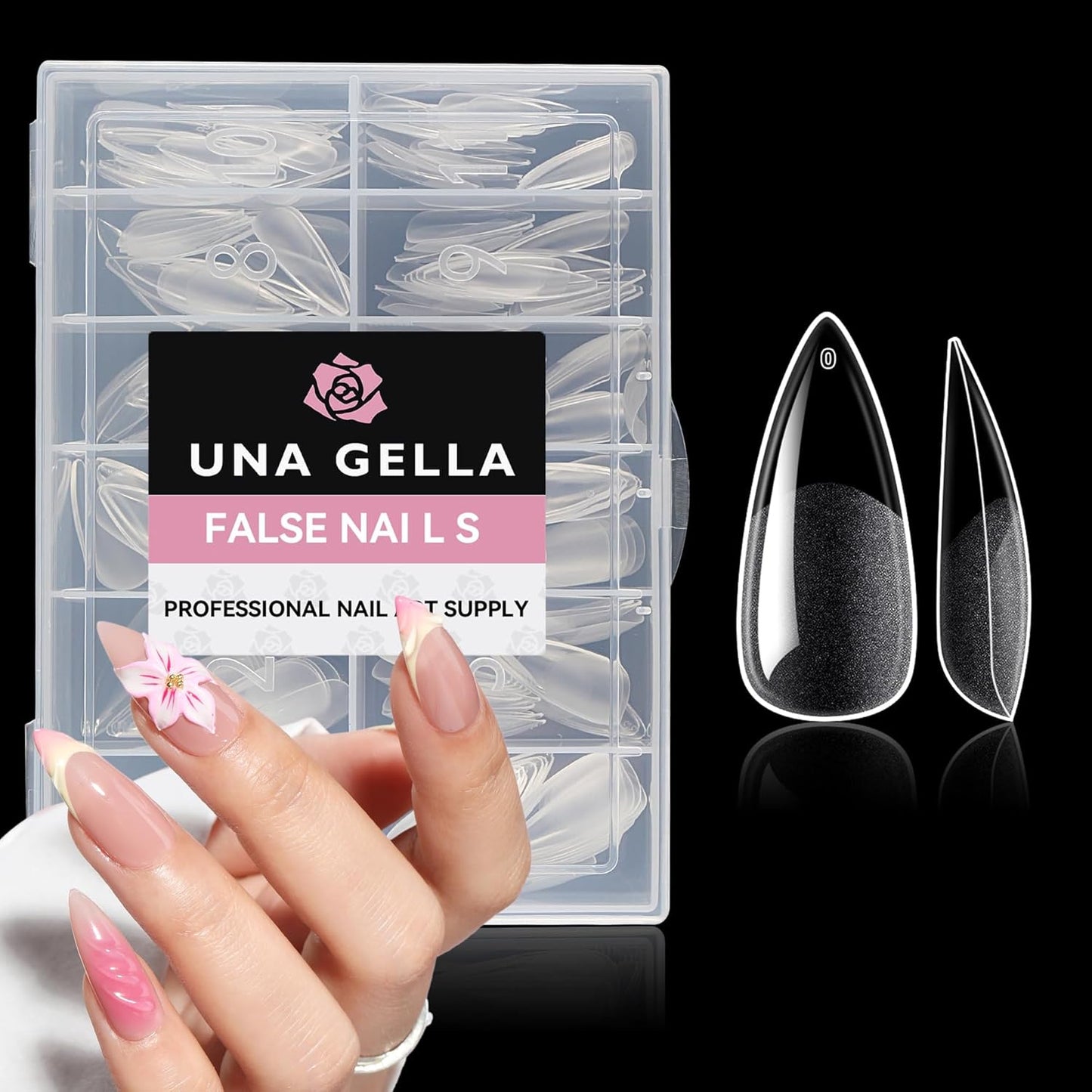 UNA GELLA Medium Stiletto Gel Nail Tips - Full Cover 216 Pcs Almond Shape | Pre-Etched Soft Gel Nails in 12 Sizes