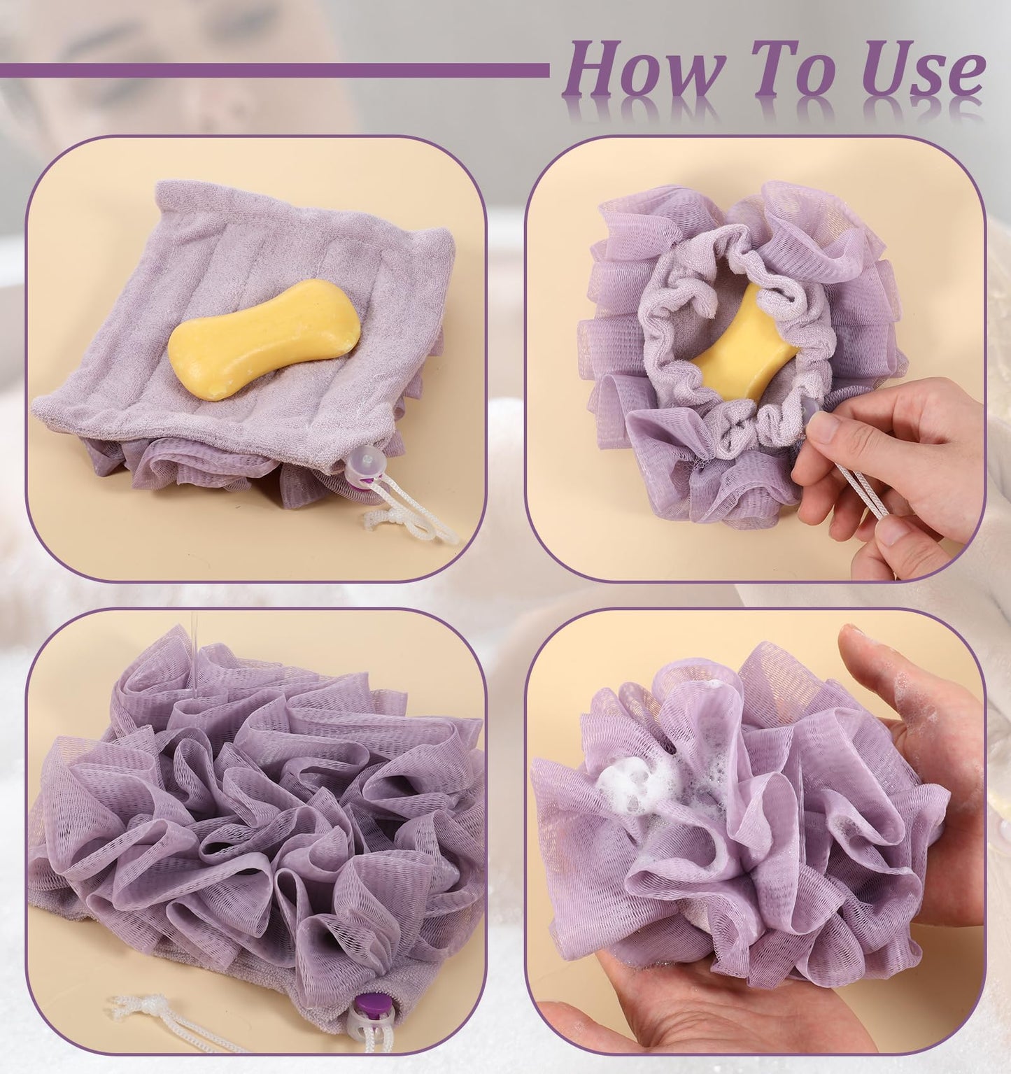3 PCS Loofah Washcloth Combo 2-in-1, Soap Bar Loofah Exfoliating Shower Pouf with Bar Soap Pocket Body Scrubber Exfoliating Loofa for Women & Men Bath Accessories Cleaning Tool (Green Purple Khaki)