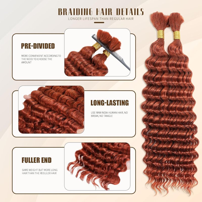 Ginger Deep Wave Human Hair Bundles - 18 Inch 100% Soft Curly Braiding Hair for Bohemian Styles