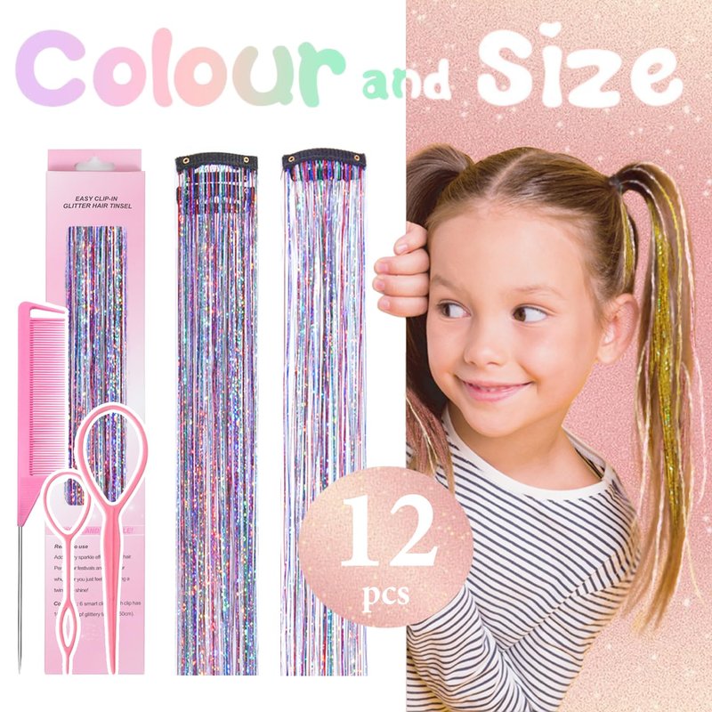 Hair Tinsel Clip in Dreamy Colorful Fairy Hair Tinsel Kit, 12 Pcs 24 Inch Glitter Clip in Hair Extensions for Girls Women Kids Christmas New Year Festival Party (Dreamy Colorful)