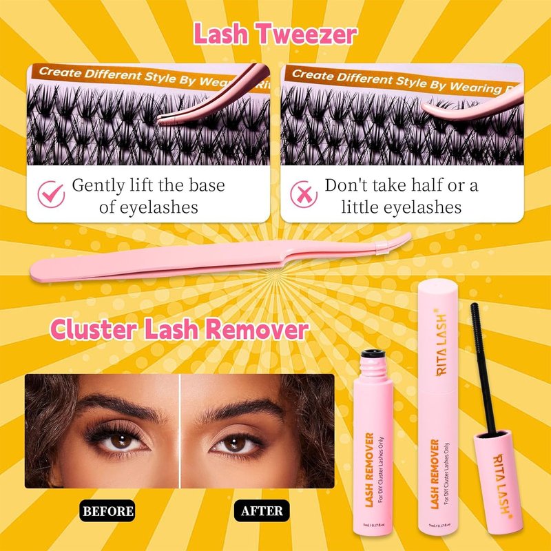 RITALASH Lash Extension Kit - 800pcs DIY Cluster Lashes with Bond, Seal, Remover & Tweezers | 30D-60D, 8-16mm