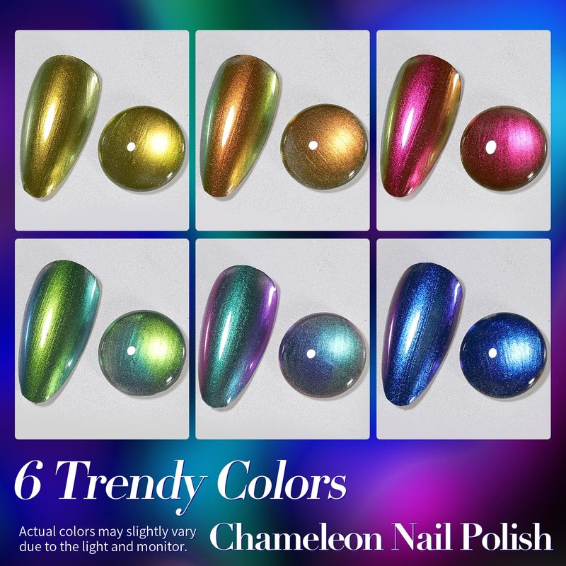 Born Pretty Chameleon Nail Polish Set, 6 Colors Chrome Holographic Metallic Glitter Quick Dry Nail Lacquer Kit Long Lasting DIY Fingernail Art Home Salon Valentines Gifts for Women Girls