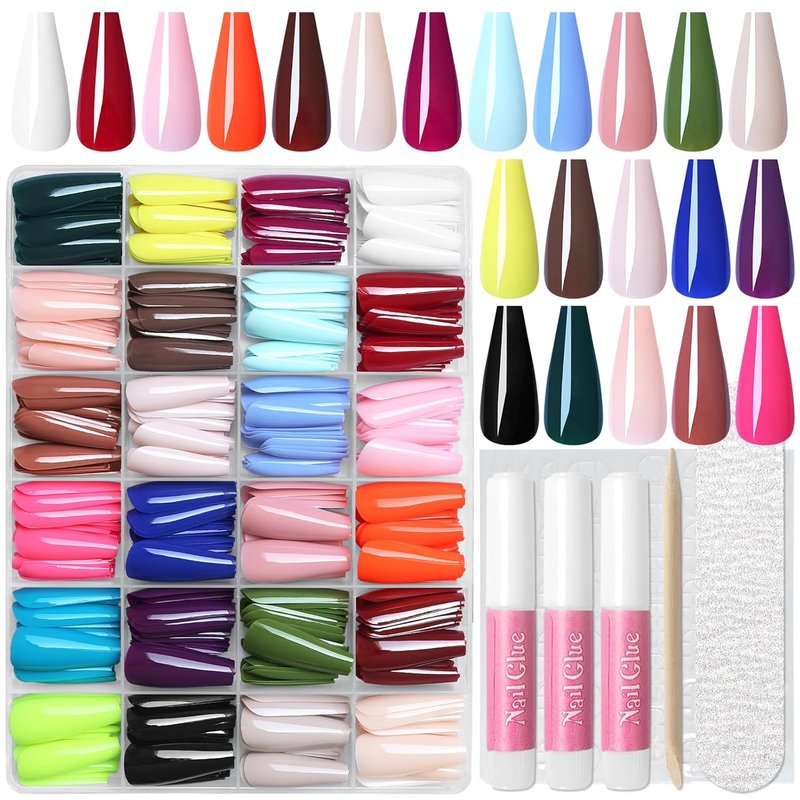 Skiennix 576pc Coffin Press-On Nails | Long Acrylic Fake Nails in 24 Colors with Glue & Tabs