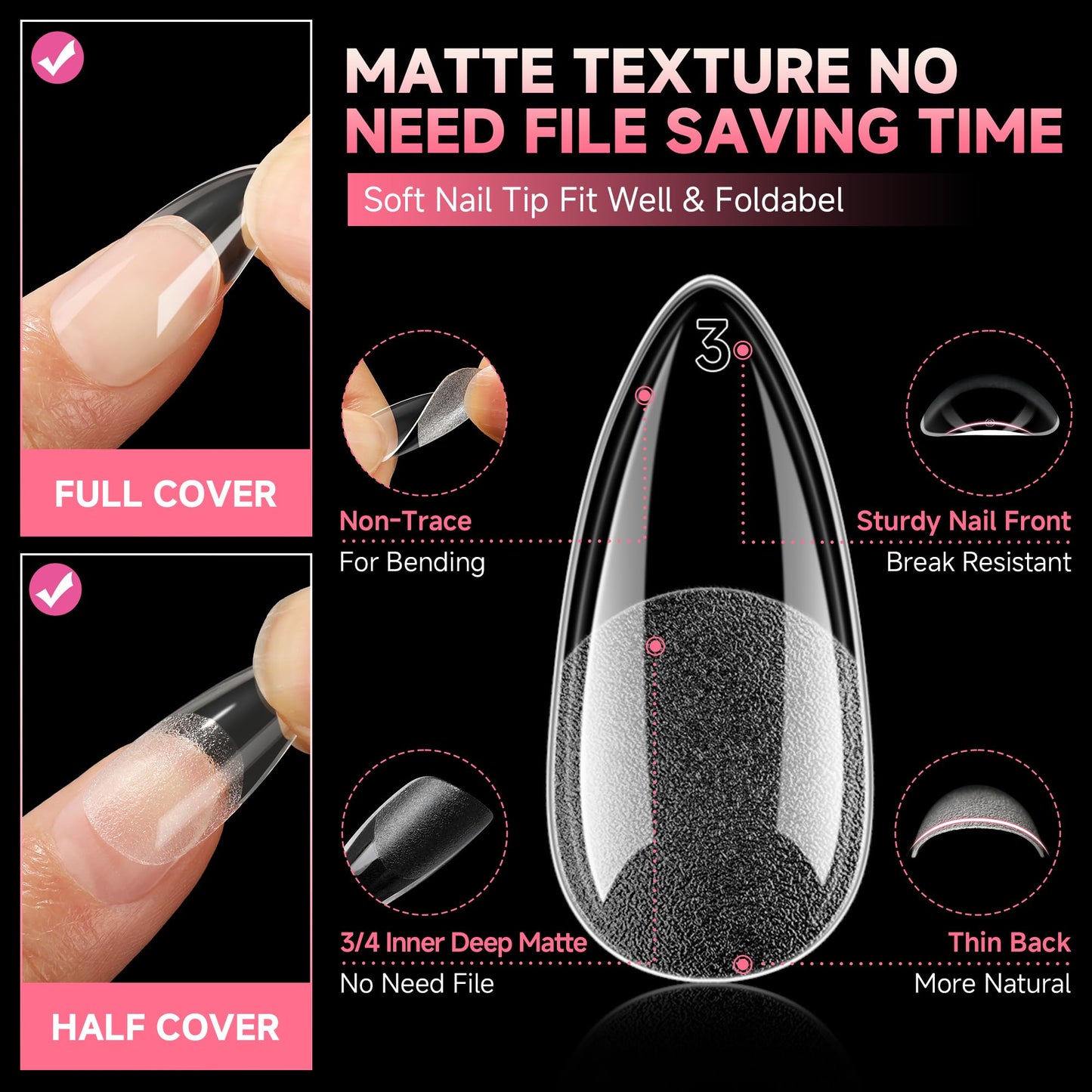 UNA GELLA Medium Almond Nail Tips, 12 Sizes Gel Nail Tips Almond Shape, 120Pcs Pre-file Soft Gel Nails Tips Clear Acrylic Fake Nails Full Cover Nails Tips for Nail Extensions DIY Salon Long Lasting