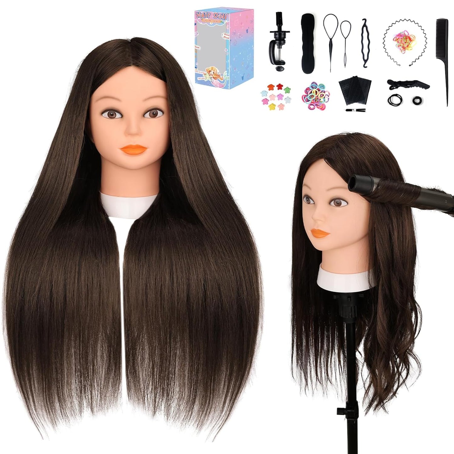Yofuly 26" Dark Brown Mannequin Head - 70% Human Hair Training Head with Clamp & Styling Tools