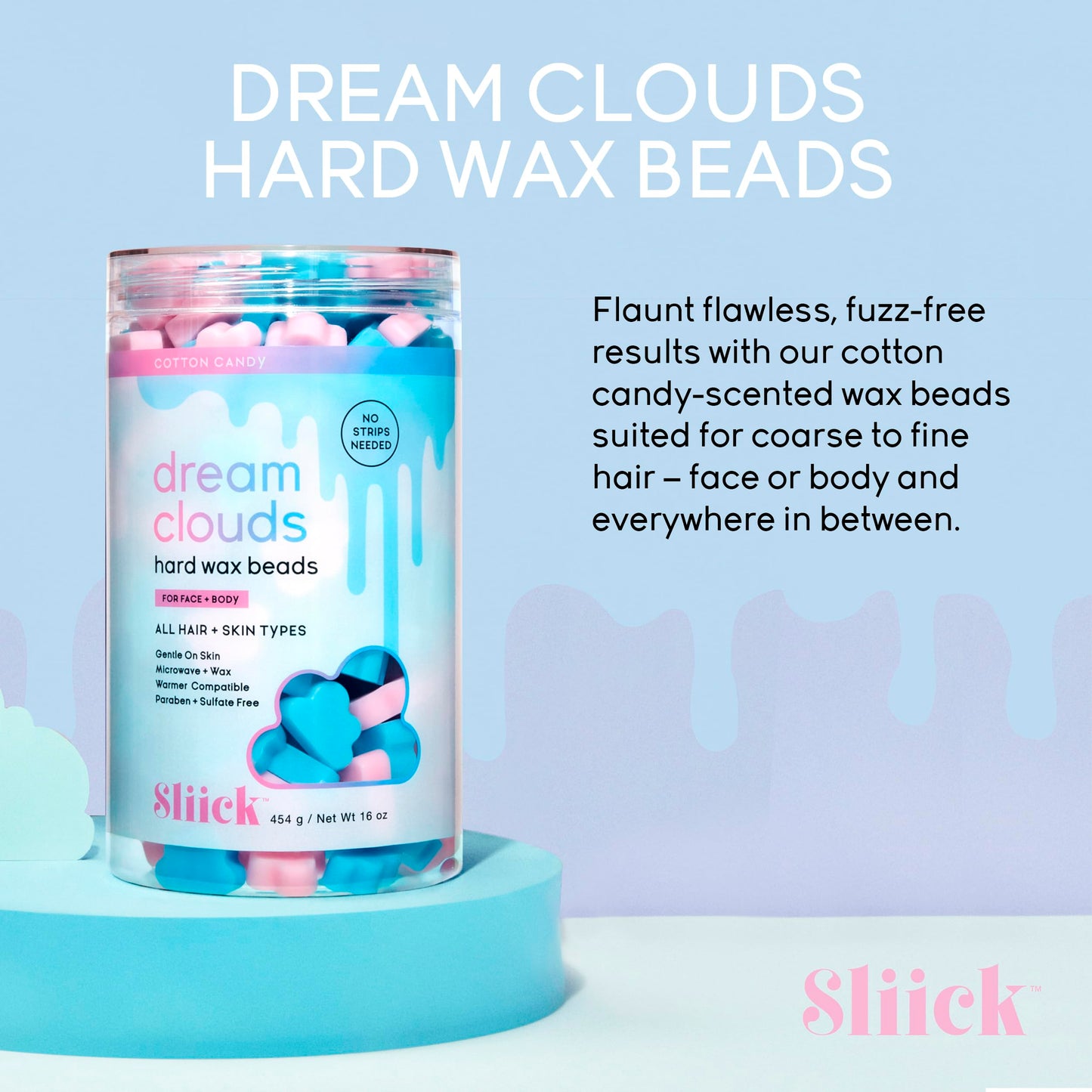 Sliick Hard Wax Beads for Hair Removal, Dream Clouds - DIY At-Home Wax Beads for Face, Body & Sensitive Skin, No-Strip Formula, 16 oz