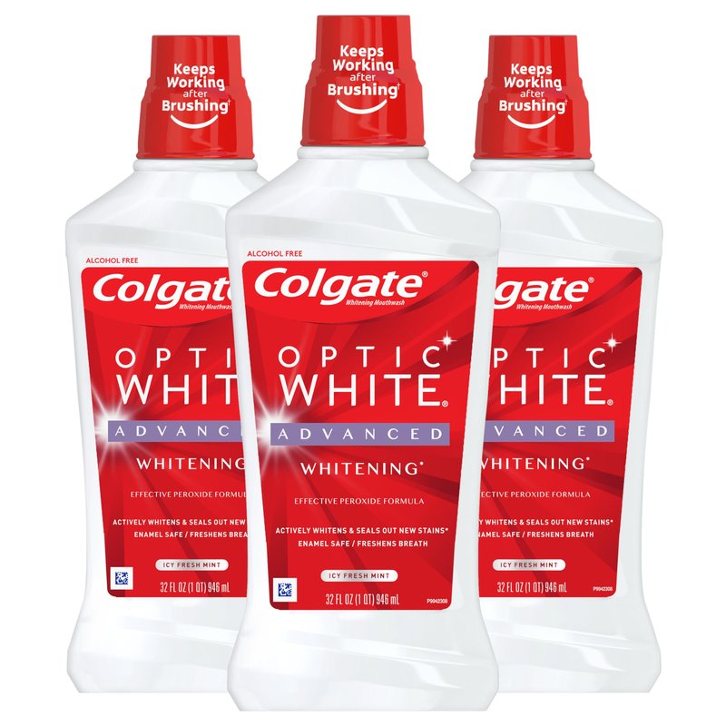 Colgate Optic White Advanced Teeth Whitening Mouthwash, 3 Pack, 2% Hydrogen Peroxide, Alcohol-Free and Enamel Safe, ICY Fresh Mint, 32 Oz
