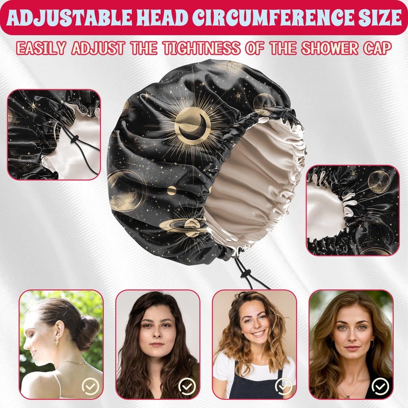 BHAHB Luxury Shower Cap Satin Lined Reusable Waterproof Double Layer Elastic Adjustable Hair Bath Cap Cute Aesthetic Women Girls-Moon