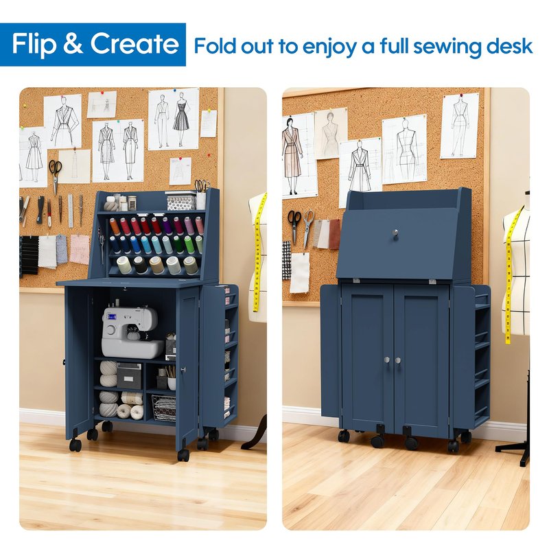 Foldable Sewing Cabinet with Power Outlet, Rolling Sewing Table with Storage and Lockable Wheels, Portable Folding Craft Table with Side Thread & Tool Storage for Quilting & Home Sewing (Blue)