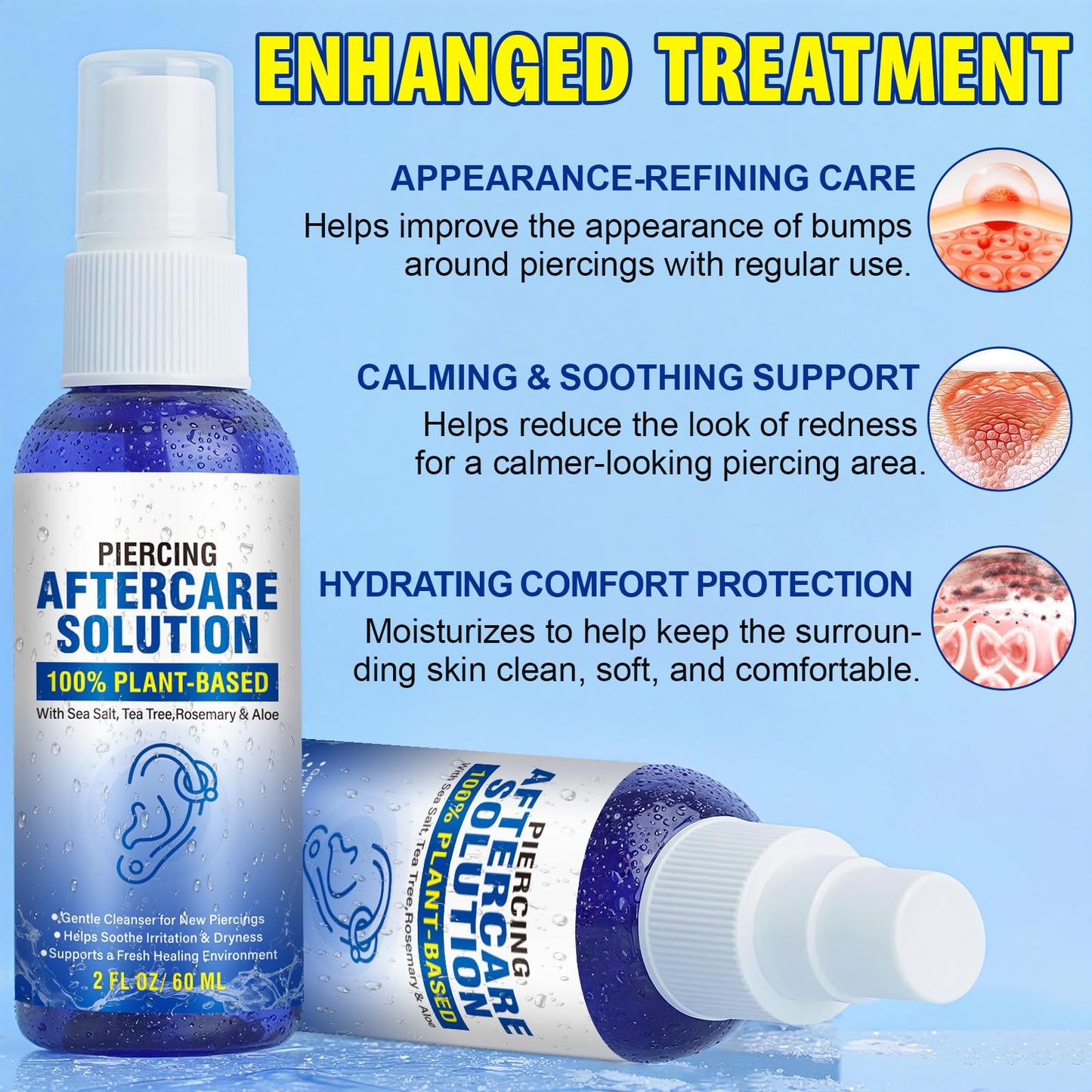 Piercing Aftercare Spray, Piercing Cleaner Spray for Body and Facial Piercings – Ear, Nose, Navel, Oral & Skin Piercings Cleaner, Cleansing & Moisturizing - 2 Fl Oz