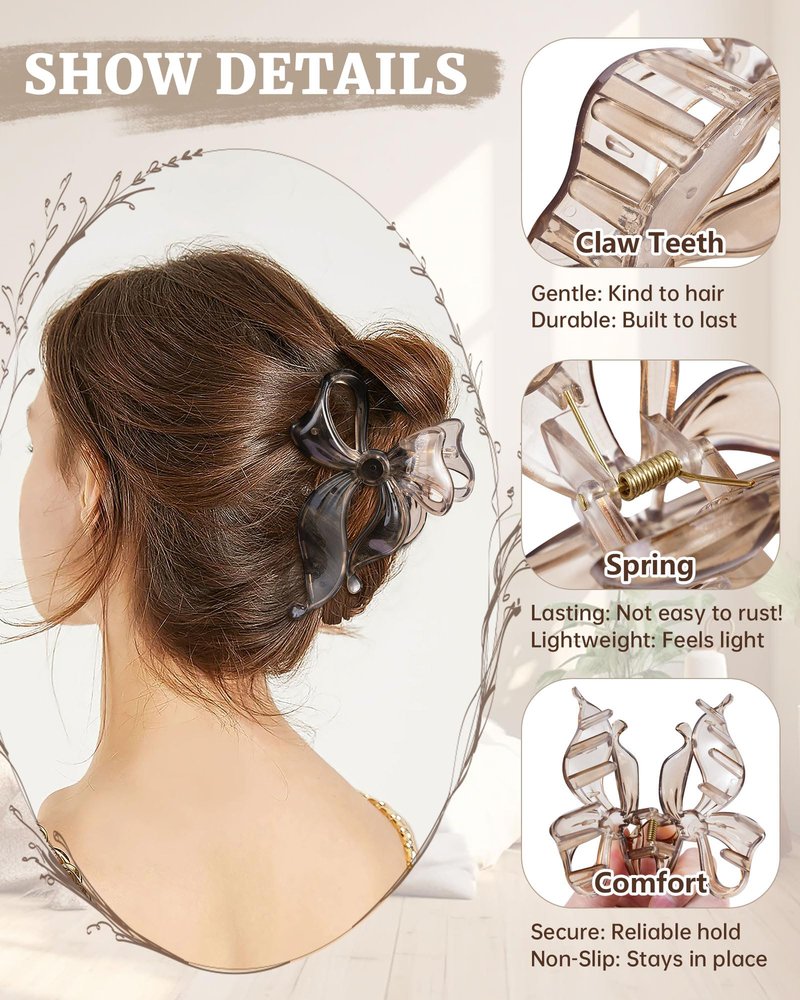 Mesovor 4 Pack Cute Bow Claw Clip for Women, Nonslip Large Matte Strong Hold Bows Hair Clips for Thin and Thick Hair | Chic Hair Styling Accessories (4.1" Black, Leopard)