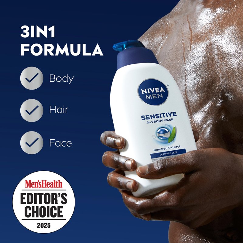 NIVEA MEN Sensitive Body Wash with Bamboo Extract, Moisturizing Body Wash for Sensitive Skin, Soap Free Shower Gel for Men with No Drying Alcohol, 30 Fl Oz Bottle