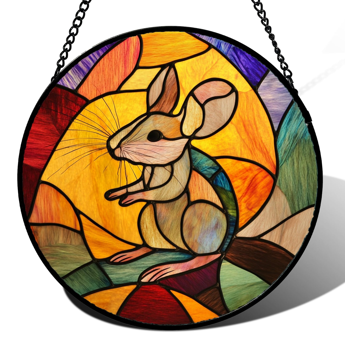 GEFOS Stained Glass Window Hanging Yellow Brown Cute Mouse 7.8" - Suncatcher Door Garden Sunroom Sun Catcher Home Decor Birthday Christmas for Mom Men Woman Nana
