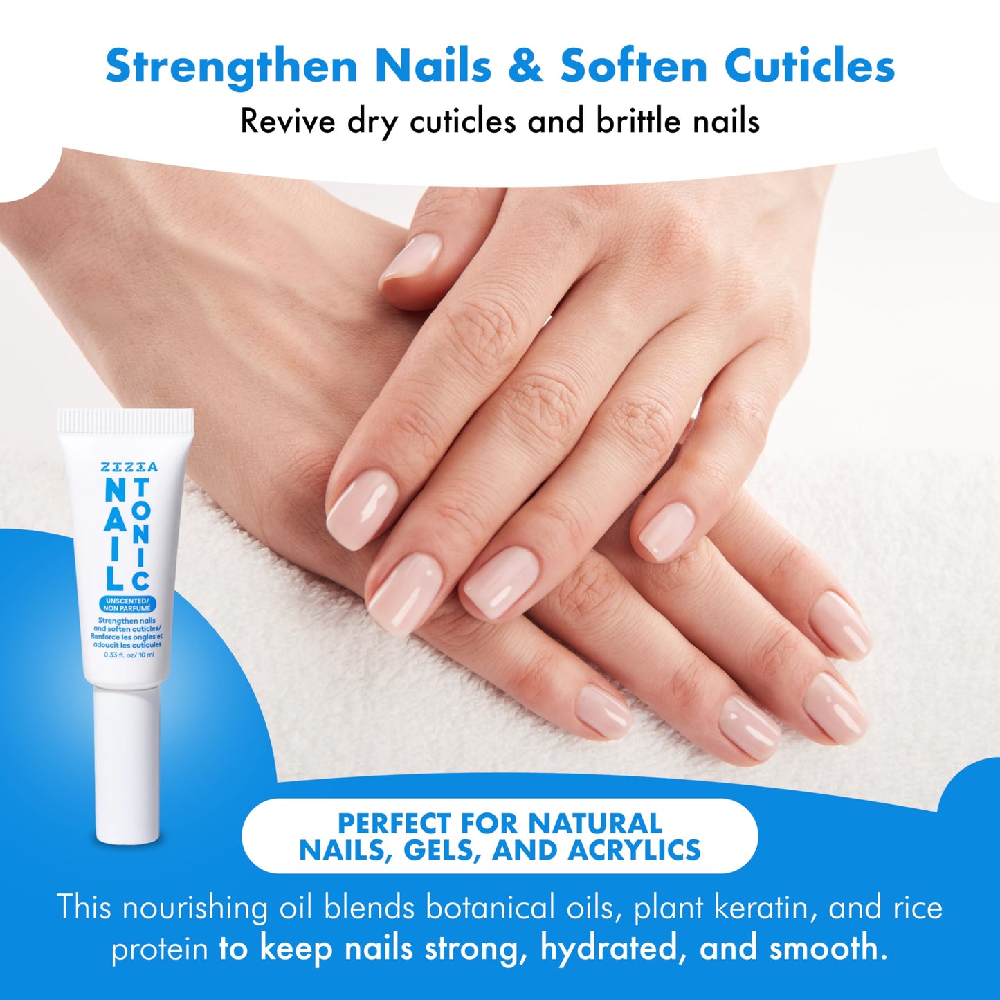 Zizia Unscented Nail Tonic – Nourishing Nail and Cuticle Oil with Squalane, Rice Protein, and Jojoba – Clean, Vegan, Cruelty-Free, Fragrance-Free Formula – Travel Essentials - 0.33 fl oz (10 ml)