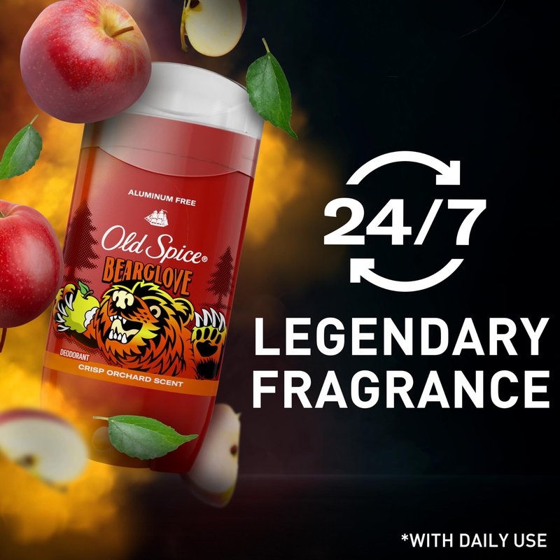 Old Spice Aluminum Free Deodorant for Men, 24/7 Odor Protection, 24/7 Freshness & Lasting Scent, Goes on Clear, Bearglove with Crisp Orchard Scent, 3.0 oz