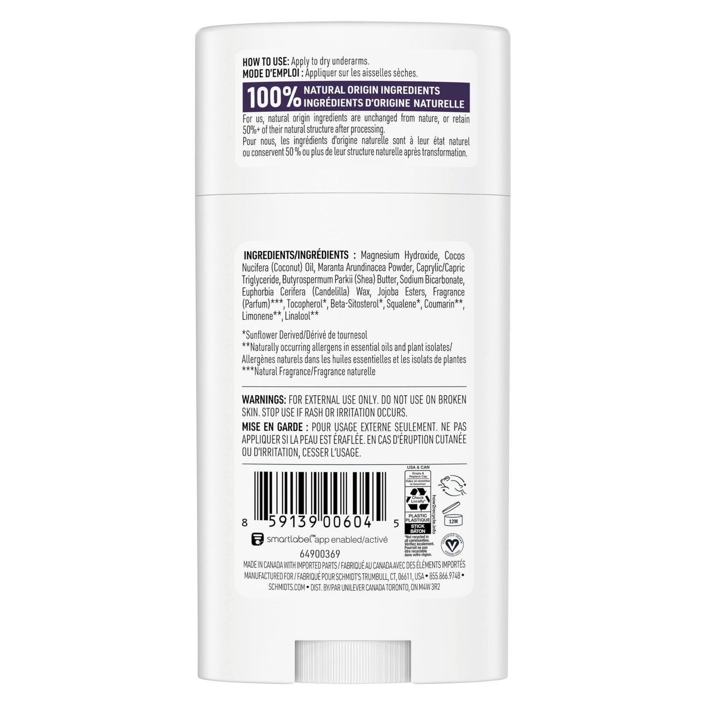 Schmidt's Aluminum-Free Vegan Deodorant Lavender & Sage with 24 Hour Odor Protection, for Women and Men, Natural Ingredients, Cruelty-Free, 2.65 oz