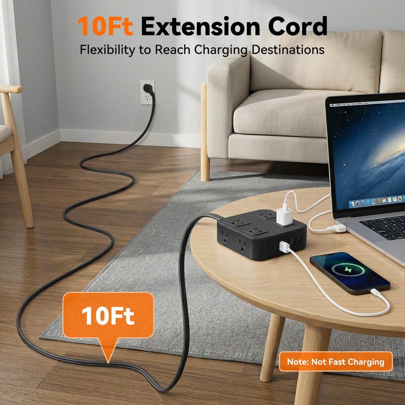 HLCZLUZ 10Ft Extension Cord w/ 8 Outlets & 6 USB (2 USB C), 1250W 900J Protection Power Strip w/Power Switch, Surge Protector Power Strip Flat Extension Cord Outlet Extender for Home Office