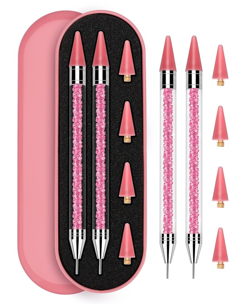 Rolybag Rhinestone Picker Tool, 2PCS Rhinestone Applicator Tool Dotting Wax Pen Dual-Ended with 4PCS Replaceable Wax Tips for DIY Nail Art Tool (Pink)